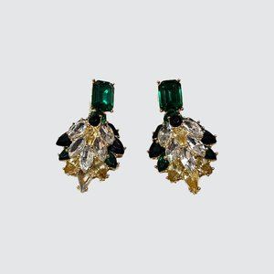 Rhinestone Earrings - Black/Green/Gold